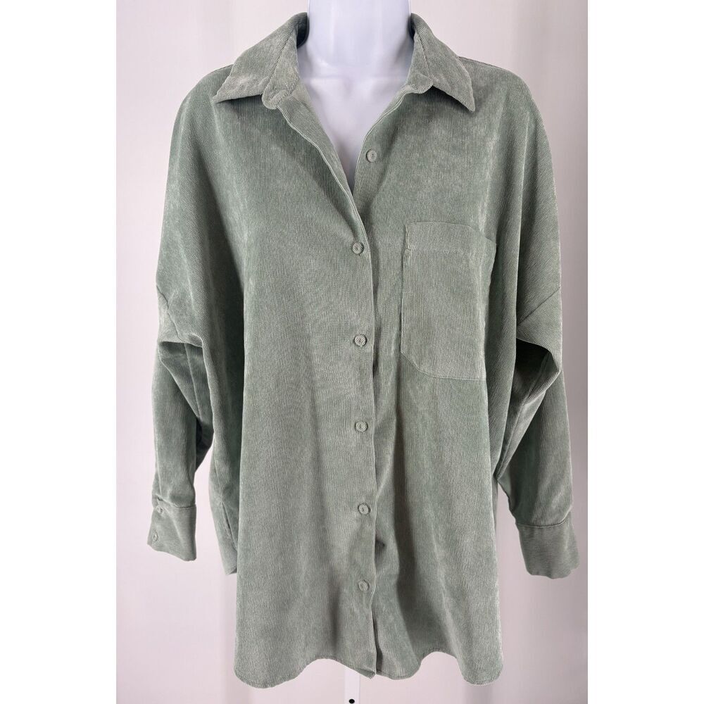 Zara Sage Green Corduroy Button Down Shirt Oversized Collared Pocket Top